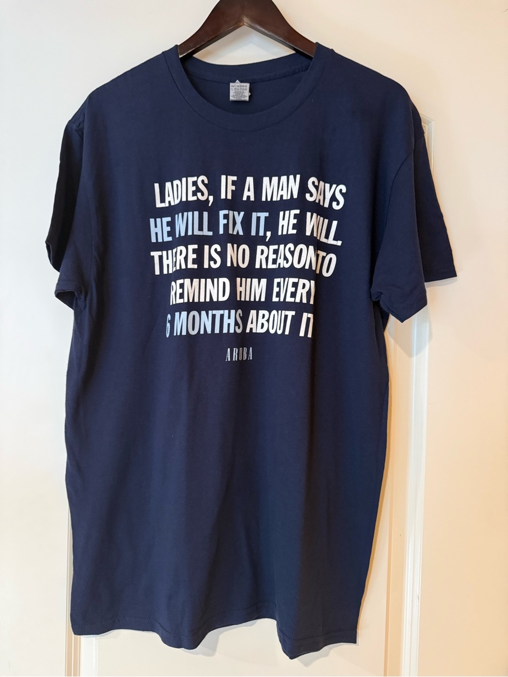 Navy Blue Men’s Graphic Crewneck T-Shirt with White and Light Blue Writing Large